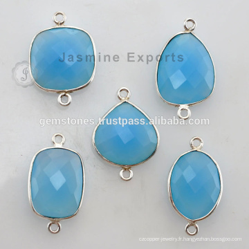 Vente en gros 925 Sterling Silver Bezel Set Connectors Blue Calcedonie Gemstone Jewelry Suppliers